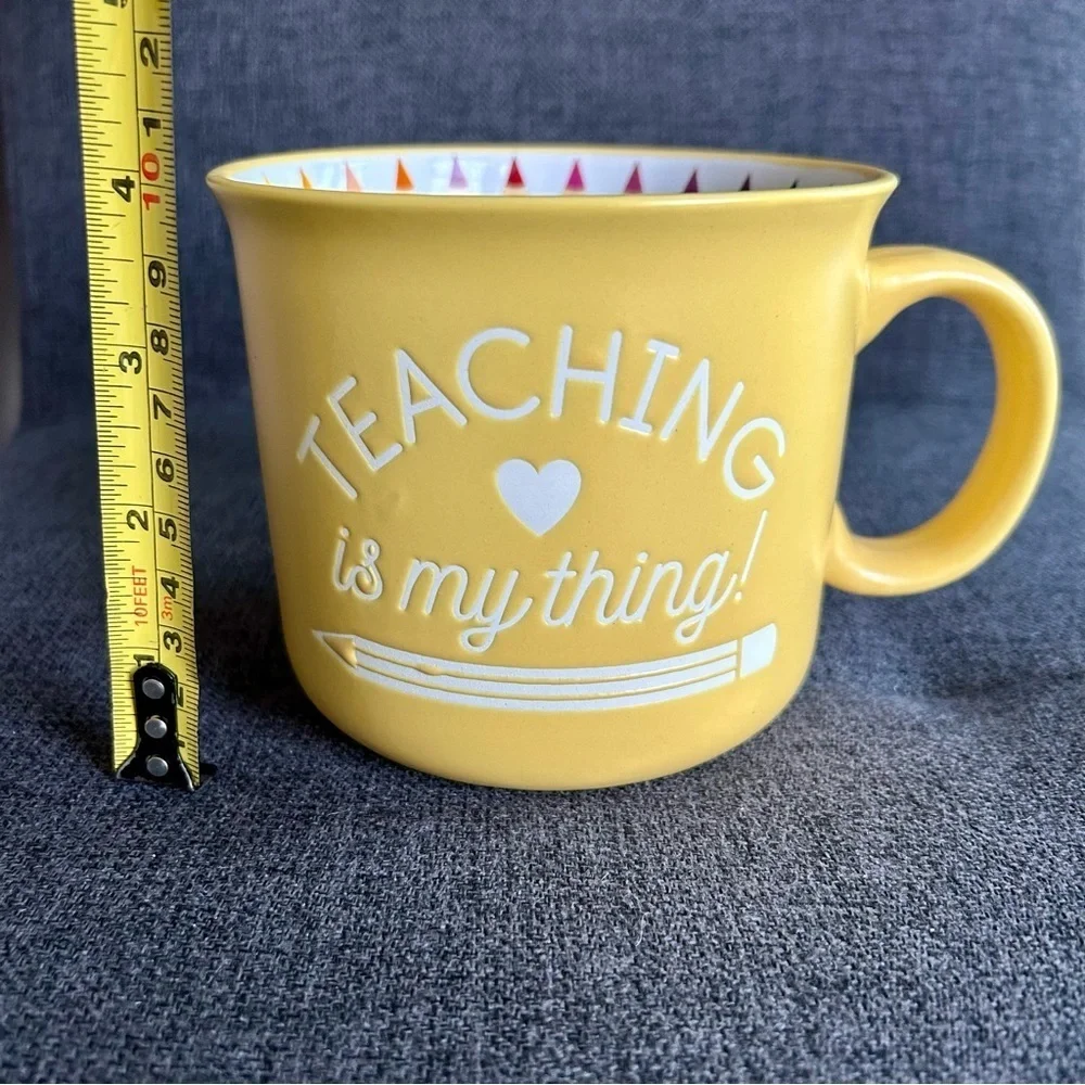 “Teaching is my Thing” Colorful Pencil Lined Coffee Mug, Yellow, White, 20 oz